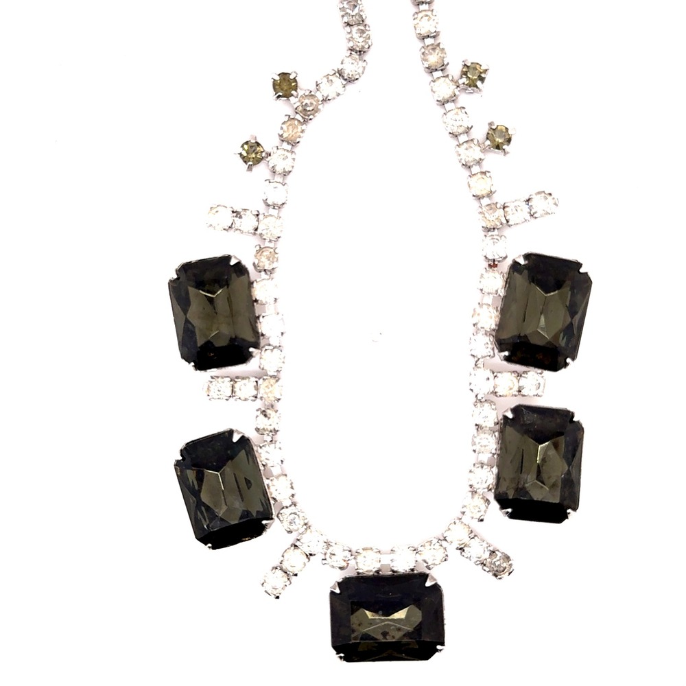 Vintage Lana Turner Rhinestone Choker Necklace Smoky Grey Emerald Cut Fringe 15"
